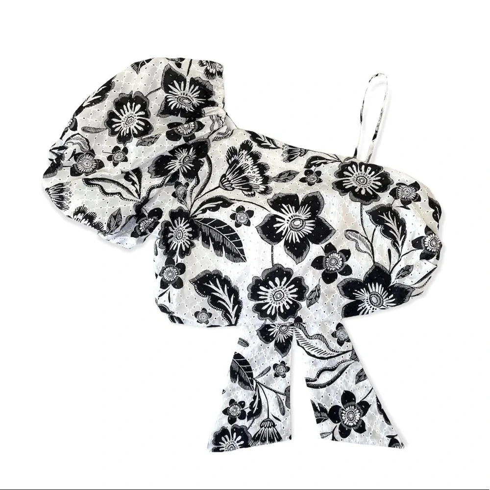 NWT Anthropologie Maeve One Shoulder Black White Floral Eyelet Bow Back Blouse